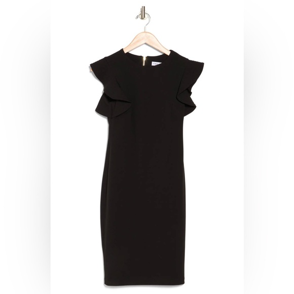 Calvin Klein Ruffle Shoulder Black Sheath Dress | Size 10 - Picture 3 of 12